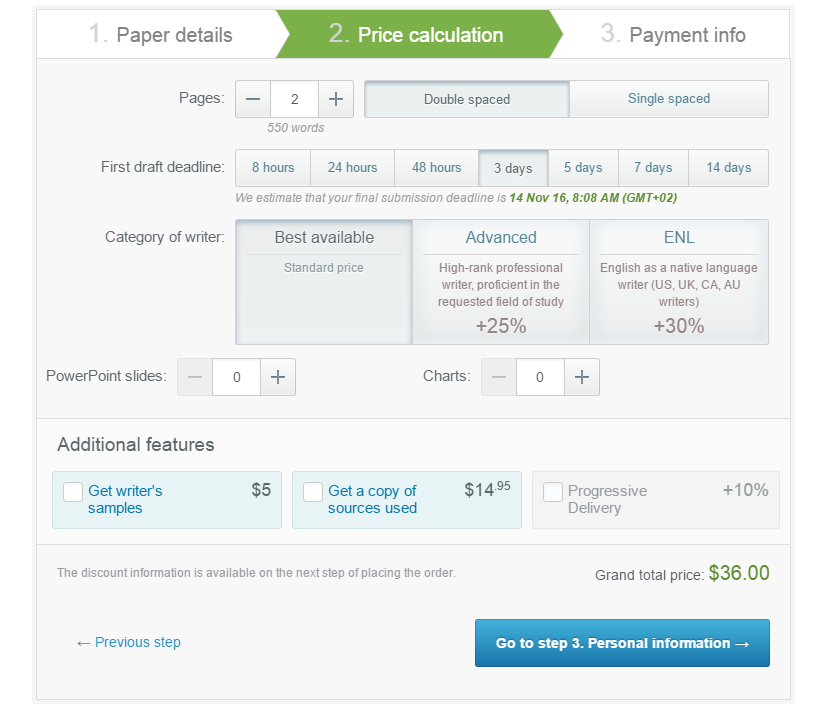 Step 2. The price is calculated automatically on site EssayHave.com